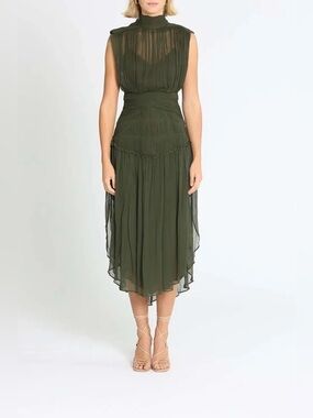 Shona Joy Olive Green Sleeveless Pleated Midi Dress